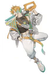 Rule 34 | 1boy, alternate costume, arm strap, arm up, belt, black tank top, bracelet, buckle, commentary, dragon, dragon boy, dragon horns, drawstring, dutch angle, earpiece, full body, hand in pocket, hashtag-only commentary, high collar, highres, holding, holding weapon, horns, jacket, jewelry, looking at another, male focus, midriff, midriff peek, multicolored hair, nijisanji, open mouth, orange belt, orange eyes, orange hair, over shoulder, pants, print jacket, shoes, sleeveless, solo, standing, standing on one leg, sui05 io, tank top, teeth, two-tone hair, upper teeth only, usami rito, weapon, weapon over shoulder, white background, white footwear, white jacket, white pants
