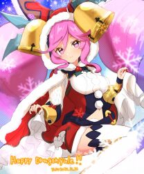 Rule 34 | 1girl, artist name, bell, big hair, cape, christmas, cleo (dragalia lost), closed mouth, dated, dragalia lost, dress, drill hair, hair bell, hair between eyes, hair ornament, highres, hood, hood up, long hair, long sleeves, looking at viewer, midriff, official alternate costume, pink eyes, pink hair, red cape, red dress, silken tofu, skirt hold, smile, snowflakes, solo, thighhighs, twin drills, very long hair, white thighhighs