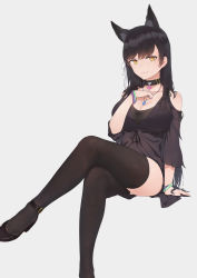 Rule 34 | 1girl, absurdres, animal ears, arm support, atago (azur lane), azur lane, black dress, black footwear, black hair, black thighhighs, bracelet, breasts, casual, choker, cleavage, clothing cutout, crossed legs, dress, grain, hair ribbon, hand on own chest, highres, jewelry, large breasts, long hair, looking at viewer, mole, mole under eye, necklace, pointy footwear, ribbon, shoes, shoulder cutout, sitting, smile, solo, swept bangs, thighhighs, white background, yellow eyes