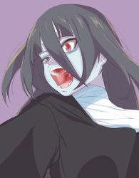 Rule 34 | 10s, 1girl, bandages, black hair, blue skin, colored skin, eyebrows, fangs, female focus, hair between eyes, highres, long hair, open mouth, oze (xyz go go11), purple background, red eyes, simple background, solo, teeth, tongue, uneven eyes, upper body, uvula, yamada tae, zombie, zombie land saga