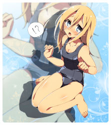 Rule 34 | !?, 1girl, bad id, bad pixiv id, barefoot, black one-piece swimsuit, blonde hair, blue eyes, blush, breasts, cleavage, feet, krista lenz, long hair, one-piece swimsuit, oniku (shimofuri-ke), school swimsuit, shingeki no kyojin, small breasts, solo, swimsuit, toes, zoom layer