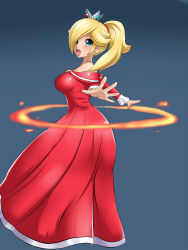 Rule 34 | 1girl, 2017, absurdres, alternate costume, alternate hairstyle, bare shoulders, blonde hair, blue background, blue eyes, brooch, crown, dress, earrings, fire, hair over one eye, highres, jewelry, leonart, mario (series), nintendo, open mouth, outstretched arms, ponytail, red dress, rosalina, smile, solo, super mario 3d world, twisted torso