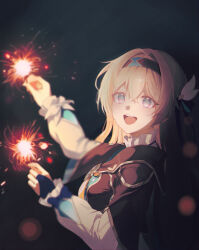 Rule 34 | 1girl, absurdres, black gloves, black hairband, black jacket, bow, breasts, collared shirt, fingerless gloves, firefly (honkai: star rail), fireworks, gloves, green skirt, grey hair, hair between eyes, hair ornament, hairband, highres, holding, holding fireworks, honkai: star rail, honkai (series), jacket, long hair, long sleeves, looking at viewer, medium breasts, neckerchief, night, open mouth, orange neckerchief, shirt, skirt, smile, solo, teeth, two-tone eyes, upper teeth only, white bow, white shirt, zapik
