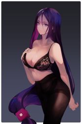 Rule 34 | 1girl, absurdres, bare shoulders, black bra, black panties, black pantyhose, border, bra, breasts, cleavage, collarbone, fate/grand order, fate (series), gradient background, grey background, hair between eyes, hand on own chest, highres, lace, lace-trimmed bra, lace trim, large breasts, long hair, looking at viewer, low-tied long hair, minamoto no raikou (fate), navel, panties, panties under pantyhose, pantyhose, parted bangs, purple eyes, purple hair, solo, thighband pantyhose, thighs, underwear, vantsuki, very long hair, white border