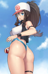 Rule 34 | 1girl, ass, bare shoulders, baseball cap, blue eyes, blush, breasts, brown hair, creatures (company), from behind, from below, game freak, hat, hilda (pokemon), holding, holding poke ball, large breasts, leotard, long hair, looking at viewer, looking down, nagase haruhito, nintendo, open mouth, poke ball, pokemon, pokemon bw, ponytail, shiny clothes, shiny skin, sideboob, solo, thigh strap, thong, thong leotard