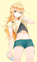Rule 34 | 1girl, 2015, ahoge, blonde hair, bottle, commentary request, dated, green eyes, hoshii miki, hot, idolmaster, idolmaster (classic), long hair, looking at viewer, midriff, nagian, navel, shirt, short shorts, shorts, solo, t-shirt, tank top, very long hair, yellow background