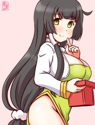 Rule 34 | 1girl, artist logo, black hair, blush, breasts, china dress, chinese clothes, cleavage, dated, dress, gradient background, green dress, green eyes, hair ornament, hair ribbon, hair tubes, jacket, kanon (kurogane knights), kantai collection, long hair, looking at viewer, low-tied long hair, mizuho (kancolle), one-hour drawing challenge, pink background, ribbon, short dress, smile, solo, very long hair, white jacket