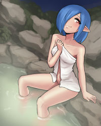 Rule 34 | 1girl, blue hair, breasts, collarbone, commentary, disgaea, donburi (donburikazoku), groin, hair over one eye, looking at viewer, midriff peek, navel, onsen, partially submerged, pleinair, pointy ears, red eyes, short hair, sitting, small breasts, smile, solo, stomach, towel, white towel