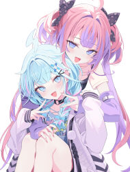 +_+ 2girls absurdres ahoge black_bra black_choker blue_bow blue_eyes blue_hair blue_shirt blush bow bra bra_over_clothes braid choker collarbone detached_sleeves ear_piercing earclip fangs fingernails hair_bow hair_intakes hair_ornament hair_ribbon hairclip highres hololive hololive_dev_is hood hoodie kikirara_vivi knees_up lightning_ahoge long_hair long_sleeves looking_at_viewer mizu_(lzzrwi603) mizumiya_su multicolored_hair multiple_girls nail_polish o-ring o-ring_choker open_mouth piercing pink_hair pink_hoodie pink_nails print_shirt purple_eyes purple_hair purple_sleeves ribbon shirt simple_background sleeves_past_wrists smile streaked_hair thighs twintails two-tone_hair underwear v virtual_youtuber white_background white_shirt