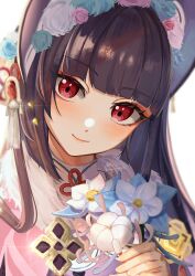 Rule 34 | 1girl, absurdres, black hair, black headwear, blunt bangs, bonnet, capelet, closed mouth, collar, commentary request, eyeshadow, flower, fur collar, genshin impact, gnsn tukituki, hands up, head tilt, high collar, highres, holding, holding flower, lolita fashion, looking at viewer, makeup, pink capelet, portrait, qi lolita, red eyes, red eyeshadow, smile, solo, white collar, yun jin (genshin impact)