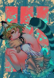 Rule 34 | 1girl, animal ear fluff, animal ears, animal print, arm rest, armpits, back bow, bad id, bad pixiv id, bare shoulders, blonde hair, bow, breast pocket, breast press, breasts, bright pupils, cat ears, cat girl, cat tail, closed mouth, commentary request, crossed arms, elbow gloves, expressionless, extra ears, feet out of frame, frilled skirt, frills, from side, gloves, green eyes, half-closed eyes, head rest, high-waist skirt, highres, kemono friends, looking at viewer, pocket, print gloves, print socks, sand cat (kemono friends), sand cat print, shirt, short hair, sitting, skirt, sleeveless, sleeveless shirt, socks, solo, striped, striped tail, tail, white pupils, yozo (hakura2295)