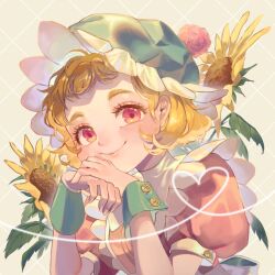 Rule 34 | 1girl, apron, blonde hair, blush, commentary, flower, gtcockroach, hat, highres, looking at viewer, mob cap, original, own hands together, pink eyes, puffy short sleeves, puffy sleeves, short hair, short sleeves, smile, solo, sunflower, thick eyebrows, wrist cuffs