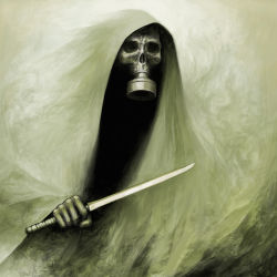 Rule 34 | blade, cloak, death (entity), gas mask, hood, knife, mask, mk (mikka), no humans, original, skull, sword, weapon