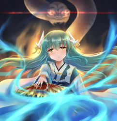 Rule 34 | 1girl, blurry, commentary request, crying, crying with eyes open, depth of field, diffraction spikes, dragon, fate/grand order, fate (series), fire, floating hair, folding fan, foreshortening, furisode, glowing, glowing eyes, green hair, green kimono, hair between eyes, hair ornament, hand fan, head tilt, highres, holding, holding fan, horns, japanese clothes, kimono, kiyohime (fate), long hair, long sleeves, looking at viewer, magic, outstretched arm, parted lips, tears, yellow eyes, yuemanhuaikong