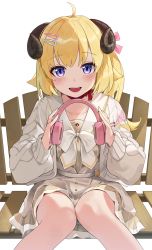 Rule 34 | 1girl, :d, absurdres, ahoge, animal ears, bench, blonde hair, blush, commentary request, hair between eyes, headphones, highres, hololive, horns, kaguya (srx61800), knees together feet apart, long hair, long sleeves, looking at viewer, neck ribbon, open mouth, ponytail, purple eyes, ribbon, sheep ears, sheep girl, sheep horns, simple background, sitting, smile, solo, tsunomaki watame, tsunomaki watame (street casual), virtual youtuber, white background