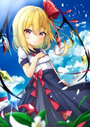 Rule 34 | 1girl, alternate costume, blue skirt, blue sky, blurry, blurry foreground, blush, breasts, cloud, commentary request, cowboy shot, crystal, day, flandre scarlet, flower, hair between eyes, hair ribbon, hand on own chest, looking at viewer, no headwear, one side up, outdoors, red ribbon, renka (cloudsaikou), ribbon, shirt, short hair, skirt, sky, small breasts, smile, solo, standing, touhou, white flower, white shirt, wings