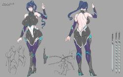 Rule 34 | 1girl, ass, bare shoulders, blue hair, bodysuit, boots, breasts, butt crack, character sheet, covered navel, curvy, fei (maidoll), full body, high ponytail, highres, holding, holding sword, holding weapon, huge ass, huge breasts, lilith-soft, lips, long hair, multiple views, nail polish, nipples, official art, ponytail, shiny clothes, shiny skin, simple background, skin tight, sword, taimanin (series), taimanin rpgx, uehara rin, very long hair, weapon