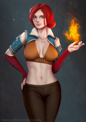 Rule 34 | 1girl, blue eyes, breasts, elbow gloves, fire, gloves, hair bun, hand on own hip, jewelry, large breasts, looking at viewer, magic, midriff, navel, necklace, pyrokinesis, red hair, single hair bun, solo, the witcher (series), the witcher 3, triss merigold, ynorka chiu
