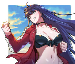 Rule 34 | 1girl, aoba (smartbeat), bikini, black bikini, blue eyes, blue sky, breasts, choker, cleavage, clenched hands, cloud, collarbone, cross, cross choker, drawstring, earrings, fate/grand order, fate (series), grin, highres, jacket, jewelry, large breasts, long hair, long sleeves, looking to the side, martha (fate), martha (swimsuit ruler) (fate), martha (swimsuit ruler) (second ascension) (fate), navel, open clothes, open jacket, purple hair, red jacket, sky, smile, solo, swimsuit