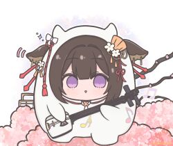 Rule 34 | 1girl, animal costume, animal ears, azur lane, brown hair, chibi, chibi only, commentary, cow costume, cow ears, cow girl, cow horns, flower, futaba (anti clockwise), hair flower, hair ornament, horns, instrument, kashino (azur lane), music, musical note, playing instrument, purple eyes, shamisen, solo, symbol-only commentary, white flower