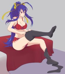 Rule 34 | 1girl, antenna hair, bad anatomy, bed, bed sheet, black thighhighs, blazblue, blazblue remix heart, blue hair, blush, bow, bra, breasts, cleavage, dressing, embarrassed, female focus, gender request, genderswap, grey background, hair bow, highres, kittenboogers, large breasts, lingerie, long hair, looking at viewer, mai natsume, navel, panties, ponytail, red bra, red eyes, red panties, ribbon, simple background, sitting, solo, thighhighs, underwear, underwear only, very long hair