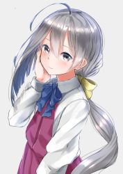 Rule 34 | 10s, 1girl, ahoge, blue bow, blue bowtie, blush, bow, bowtie, collared shirt, dress, from side, grey eyes, grey hair, hair between eyes, hair ribbon, hand on own cheek, hand on own face, kachayori, kantai collection, kiyoshimo (kancolle), long hair, long sleeves, looking at viewer, ponytail, ribbon, shirt, simple background, sleeveless, sleeveless dress, smile, solo, upper body, very long hair, white shirt