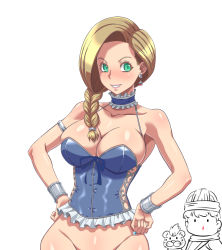 Rule 34 | 1girl, bare shoulders, bianca (dq5), blonde hair, blood, blush, bottomless, bracelet, braid, breasts, commentary request, corset, dragon quest, dragon quest v, earrings, green eyes, hair over shoulder, hands on own hips, hero (dq5), huracan, jewelry, large breasts, lingerie, long hair, mature female, nosebleed, out-of-frame censoring, simple background, single braid, smile, solo focus, square enix, underwear, white background