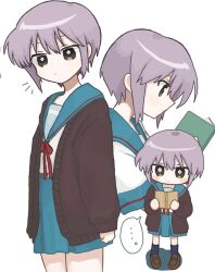 Rule 34 | 1girl, blue sailor collar, blue skirt, blush, blush stickers, book, brown cardigan, brown eyes, cardigan, chibi, closed mouth, expressionless, highres, holding, holding book, kita high school uniform, long sleeves, multiple views, nagato yuki, notice lines, open cardigan, open clothes, pleated skirt, pupike, purple hair, reading, red ribbon, red skirt, ribbon, sailor collar, school uniform, serafuku, short hair, short sleeves, simple background, skirt, summer uniform, suzumiya haruhi no yuuutsu, white background, winter uniform
