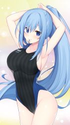 Rule 34 | 1girl, adjusting hair, armpits, arms behind head, arms up, black one-piece swimsuit, blue eyes, blue hair, blush, breasts, character name, closed mouth, clothes writing, collarbone, commentary request, competition swimsuit, contrapposto, cowboy shot, emori miku, eyelashes, groin, hair between eyes, hair ornament, hair tie, hair tie in mouth, highres, large breasts, legs together, liver city, long hair, looking at viewer, miko (royal milk), mouth hold, one-piece swimsuit, ponytail, shiny skin, sideboob, sidelocks, smile, solo, standing, swimsuit, tying hair, very long hair
