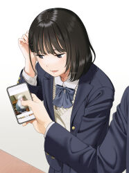 Rule 34 | 1girl, 1other, black eyes, black hair, blazer, blue bow, blue bowtie, blue jacket, blue skirt, bob cut, bow, bowtie, cellphone, collared shirt, holding, holding phone, jacket, long sleeves, lower teeth only, mattaku mousuke, open clothes, open jacket, open mouth, original, phone, shirt, short hair, simple background, skirt, smartphone, solo focus, sweater vest, teeth, white background, white shirt, yellow sweater vest