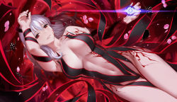 Rule 34 | 1girl, arm up, armpits, bare shoulders, breasts, cherry blossoms, cleavage, dark persona, dark sakura, fate/stay night, fate (series), glowing, hair ribbon, highres, large breasts, lips, long hair, lying, matou sakura, navel, on back, pale skin, parted lips, petals, red background, red eyes, revealing clothes, ribbon, smile, white hair, yijian ma