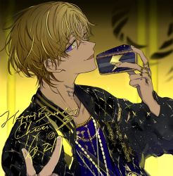 Rule 34 | 1boy, black jacket, blonde hair, cake, cake slice, chain necklace, commentary, finger tattoo, food, happy birthday, holding, holding food, jacket, jewelry, kuzuryu chisei, licking lips, long sleeves, looking at viewer, male focus, neck tattoo, necklace, paradox live, purple eyes, short hair, smile, suou (sdurorhr), symbol-only commentary, tattoo, tongue, tongue out