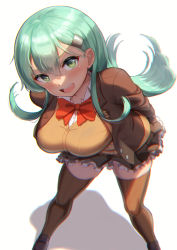 Rule 34 | 1girl, blouse, breasts, brown cardigan, brown footwear, brown skirt, brown thighhighs, buttons, cardigan, green eyes, green hair, hair between eyes, hair ornament, hairclip, kantai collection, large breasts, long hair, looking at viewer, maku ro, neck ribbon, open cardigan, open clothes, paid reward available, red ribbon, ribbon, school uniform, shadow, shirt, shoes, simple background, skirt, solo, suzuya (kancolle), suzuya kai ni (kancolle), teeth, thighhighs, upper teeth only, white background, white shirt