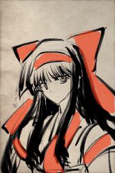 Rule 34 | 1girl, ainu clothes, black hair, breasts, grey eyes, hair ribbon, highres, long hair, looking at viewer, nakoruru, ribbon, samurai spirits, serious, small breasts, snk, solo, the king of fighters, traditional media, weapon