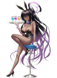 Rule 34 | 1girl, animal ears, black footwear, black hair, black leotard, blue archive, blue bow, blue bowtie, blush, bow, bowtie, breasts, chair, cleavage, closed mouth, cup, dark-skinned female, dark skin, detached collar, drink, fake animal ears, fishnet pantyhose, fishnets, full body, gloves, halo, high heels, holding, holding tray, karin (blue archive), karin (bunny) (blue archive), large breasts, leotard, long hair, official alternate costume, pantyhose, playboy bunny, purple halo, rabbit ears, simple background, solo, strapless, strapless leotard, tako seijin, tray, very long hair, white background, white gloves, yellow eyes