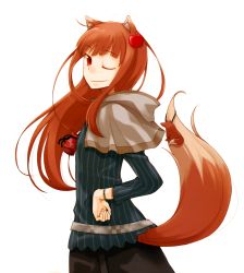 Rule 34 | 1girl, ;), absurdres, animal ears, apple, ayakura juu, brown hair, food, food-themed hair ornament, fruit, hair ornament, hand on own hip, highres, holo, long hair, looking back, one eye closed, pouch, red eyes, simple background, smile, solo, spice and wolf, tail, white background, wink, wolf ears, wolf tail, wristband