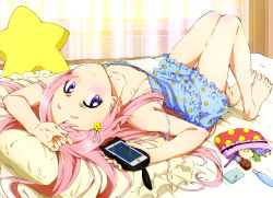 Rule 34 | 10s, 1girl, absurdres, bare shoulders, barefoot, bed, blue pajamas, blue shorts, blush, breasts, cellphone, cleavage, collarbone, feet, gamers!, highres, holding, holding phone, indoors, long hair, looking at viewer, lying, official art, on back, pajamas, phone, pillow, pink hair, purple eyes, sakurano aguri, scan, shiny skin, short shorts, shorts, sleeveless, small breasts, smartphone, solo, star-shaped pillow, toes