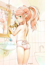 Rule 34 | 1girl, ass, bath, bathroom, final fantasy, final fantasy xiv, from behind, green eyes, hair ornament, hairclip, holding, lalafell, long hair, looking back, mayafufu, mirror, nanamo ul namo, open mouth, panties, pink hair, pointy ears, print panties, reflection, sink, solo, topless, twintails, underwear, underwear only, white panties