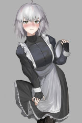 Rule 34 | 1girl, absurdres, ahoge, apron, basaru 1106, black dress, blush, breasts, dress, fate/grand order, fate (series), gloves, grey background, grey hair, highres, jeanne d&#039;arc alter (fate), large breasts, long sleeves, looking at viewer, short hair, solo, yellow eyes