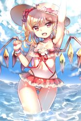 Rule 34 | 1girl, arm up, armpits, bad id, bad pixiv id, bikini, blonde hair, blue sky, cowboy shot, day, flandre scarlet, gluteal fold, hat, highres, looking at viewer, open mouth, outdoors, papo, red bikini, red eyes, sketch, sky, smile, solo, sun hat, sunlight, swimsuit, thigh gap, touhou, water, wings, wrist cuffs