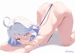 Rule 34 | 1girl, ahoge, alternate costume, ass, bikini, blue eyes, blue gemstone, blue hair, breasts, closed mouth, commentary, commission, crossed arms, english commentary, furina (genshin impact), gem, genshin impact, head rest, highres, light blue hair, long hair between eyes, looking at viewer, micro bikini, nutsbutty, short hair, slingshot swimsuit, solo, swimsuit, top-down bottom-up, twitter username, white background, white hair