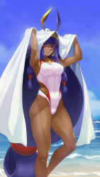 Rule 34 | 1girl, animal ears, armpits, arms up, artist request, bare shoulders, beach, blanket, blue sky, breasts, closed mouth, collarbone, competition swimsuit, covered navel, dark-skinned female, dark skin, day, earrings, facepaint, facial mark, fate/grand order, fate (series), hair tubes, hairband, highleg, highleg swimsuit, highres, hoop earrings, jackal ears, jewelry, long hair, looking at viewer, low-tied long hair, medium breasts, muscular, muscular female, necklace, nitocris (fate), nitocris (fate/grand order), nitocris (swimsuit assassin) (fate), nitocris (swimsuit assassin) (second ascension) (fate), ocean, one-piece swimsuit, purple eyes, purple hair, sidelocks, sky, smile, solo, swimsuit, thighs, very long hair, white one-piece swimsuit