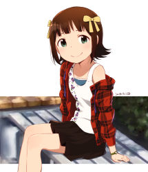 Rule 34 | 1girl, amami haruka, bench, black skirt, bow, brown hair, day, green eyes, hair bow, idolmaster, idolmaster (classic), looking at viewer, nagian, outdoors, plaid, plaid shirt, red shirt, shirt, short hair, sitting, skirt, smile, solo, unbuttoned, unbuttoned shirt, watch, white shirt, wristwatch, yellow bow