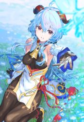 Rule 34 | 1girl, ahoge, armpit crease, bare shoulders, bell, black bodysuit, black gloves, blue flower, blue hair, bodysuit, breasts, brown pantyhose, chinese knot, cowbell, crystalfly (genshin impact), detached collar, detached sleeves, field, flower, flower field, flower knot, from above, ganyu (genshin impact), genshin impact, gloves, goat horns, gold trim, haimura kiyotaka, hair between eyes, highres, horns, large breasts, long hair, looking at viewer, medium breasts, neck bell, outstretched arm, outstretched hand, pantyhose, pelvic curtain, purple eyes, reaching, reaching towards viewer, sideboob, sidelocks, sitting, skindentation, smile, solo, tassel, thighlet, thighs, vision (genshin impact), white sleeves