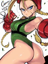 Rule 34 | 1girl, ass, bare shoulders, blonde hair, blue eyes, braid, breasts, cammy white, fingerless gloves, from behind, gloves, hat, highres, large breasts, leotard, lips, long hair, scar, scar on face, shiny skin, sideboob, sleeveless, street fighter, takumi309moai, thong leotard, white background