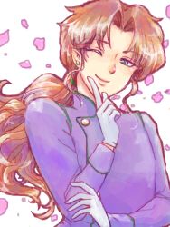 Rule 34 | 1boy, bad id, bad pixiv id, bishoujo senshi sailor moon, brown hair, earrings, gloves, jewelry, long hair, low ponytail, male focus, one eye closed, parted bangs, petals, ponytail, rose petals, smile, solo, stud earrings, very long hair, white background, white gloves, yoshida owt, zoisite (sailor moon)