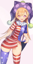 Rule 34 | 1girl, american flag dress, blonde hair, clownpiece, cowboy shot, gluteal fold, hat, jester cap, long hair, looking at viewer, neck ruff, no panties, open mouth, pink eyes, polka dot, purple hat, simple background, skirt hold, smile, solo, star (symbol), star print, striped, thighhighs, touhou, z.o.b