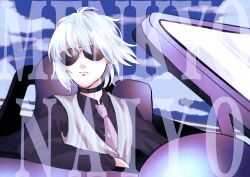 Rule 34 | 1boy, accelerator (toaru majutsu no index), albino, black choker, black shirt, car, choker, cloud, cloudy sky, driving, english text, formal, fuyunagi, highres, light frown, long sleeves, looking at viewer, motor vehicle, necktie, official alternate costume, pale skin, pink necktie, portrait, shirt, short hair, sky, solo, striped clothes, striped vest, sunglasses, toaru majutsu no index, toaru majutsu no index: genesis testament, vertical-striped clothes, vertical-striped vest, vest, white hair, white vest