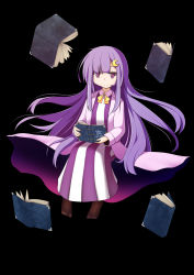 Rule 34 | 1girl, black background, book, crescent, crescent hair ornament, hair ornament, haruto (hirokazu1001), highres, long hair, pantyhose, patchouli knowledge, purple eyes, purple hair, solo, touhou, very long hair
