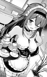 Rule 34 | 1girl, alternate costume, apron, blush, breasts, cleavage, collarbone, dress, enmaided, frilled apron, frills, garter straps, greyscale, hair between eyes, hair flaps, hairband, heart, highres, holding, holding tray, kantai collection, large breasts, long hair, maid, maid apron, maid headdress, monochrome, one eye closed, open mouth, shiratsuyu (kancolle), shiratsuyu kai ni (kancolle), solo, suzuki toto, thighhighs, tray
